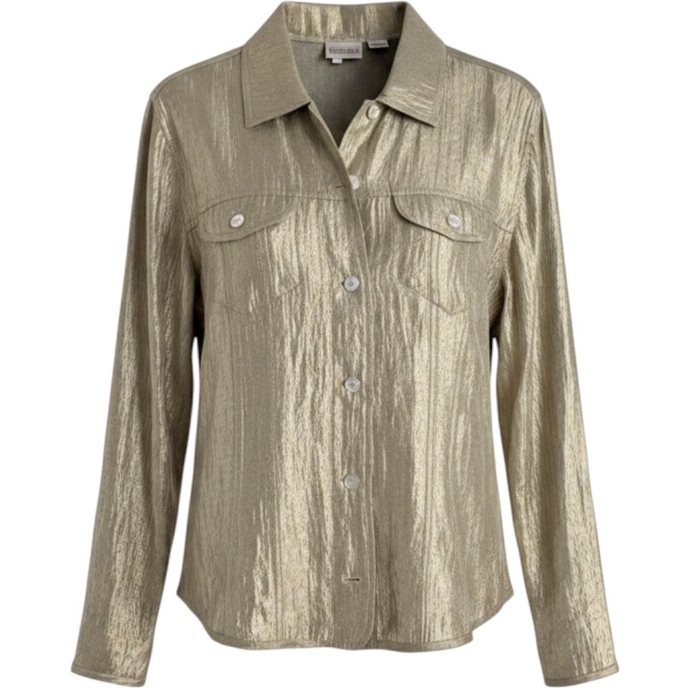 Chicos Metallic Golden Sage Shimmer‎ Crinkle Button Front Shirt Jacket  Size 1/M